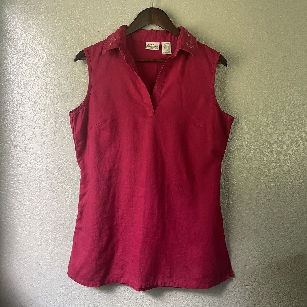 VTG St Johns Bay Linen Pink Embroidered Collar Sleeveless Popover Top Medium